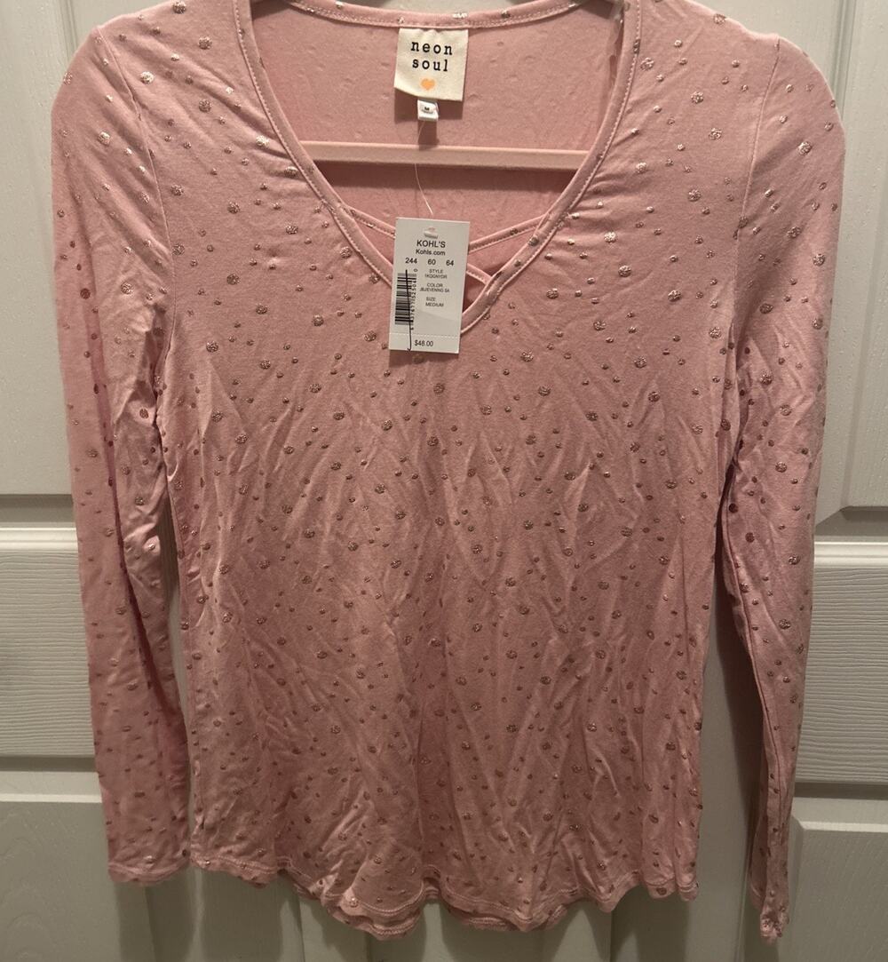 NWT Neon Soul Size M Rose Gold W/ Polka Dots V-Neck Romantic Blouse MSRP $48.00